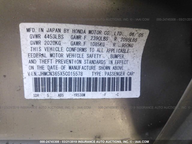 JHMCN365X5C015578 - 2005 HONDA ACCORD HYBRID TAN photo 9