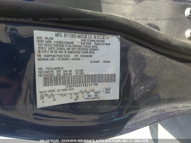 1FAFP56S1YA215104 - 2000 FORD TAURUS SEL BLUE photo 9