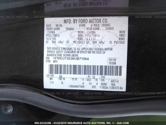 1FMEU73E06UB71564 - 2006 FORD EXPLORER XLT BLACK photo 9