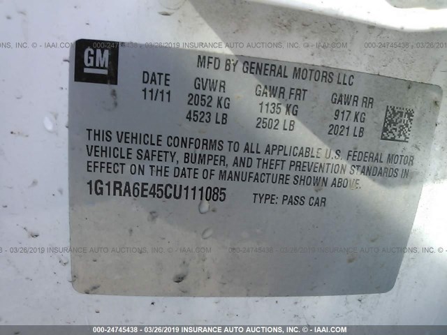 1G1RA6E45CU111085 - 2012 CHEVROLET VOLT WHITE photo 9