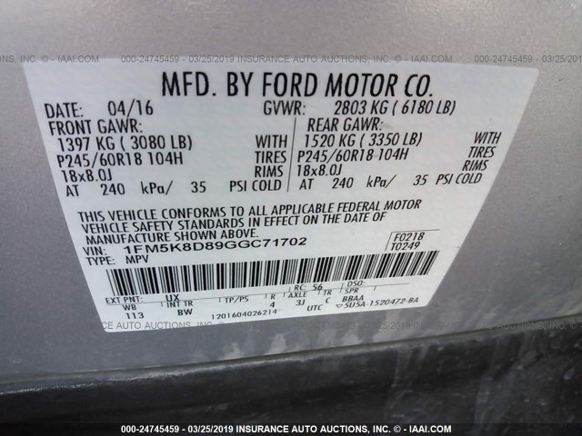 1FM5K8D89GGC71702 - 2016 FORD EXPLORER XLT SILVER photo 9