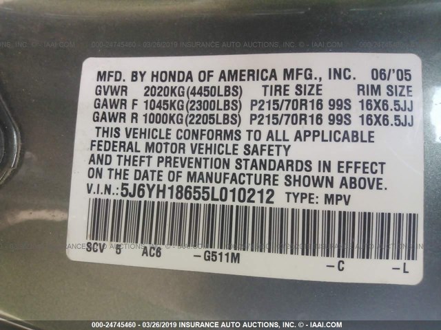 5J6YH18655L010212 - 2005 HONDA ELEMENT EX GREEN photo 9