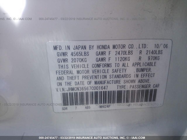 JHMCN36567C001647 - 2007 HONDA ACCORD HYBRID WHITE photo 9