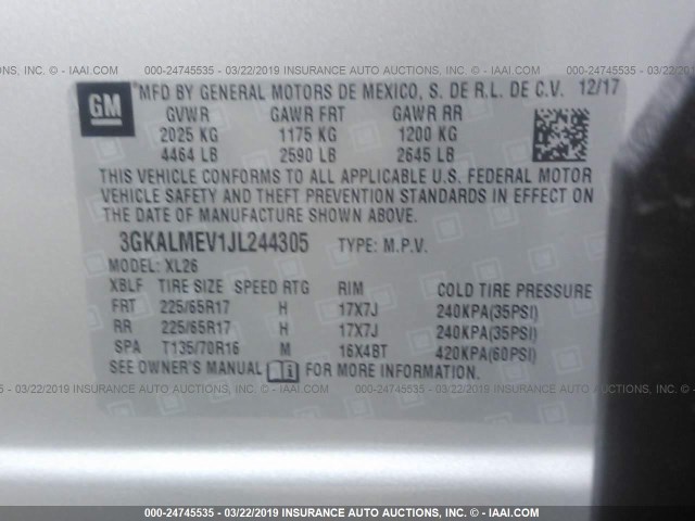 3GKALMEV1JL244305 - 2018 GMC TERRAIN SLE SILVER photo 9