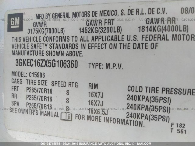 3GKEC16ZX5G106360 - 2005 GMC YUKON XL C1500 WHITE photo 9