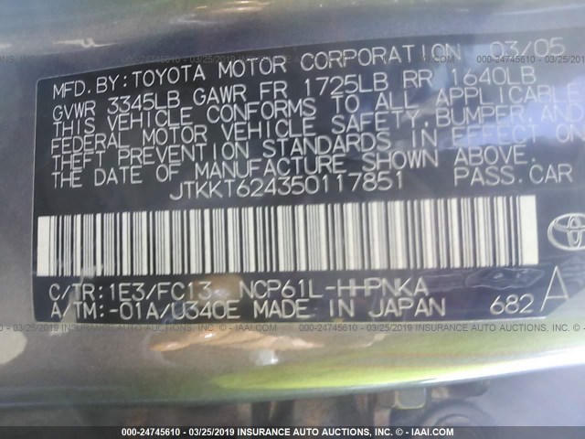 JTKKT624350117851 - 2005 TOYOTA SCION XA GRAY photo 9