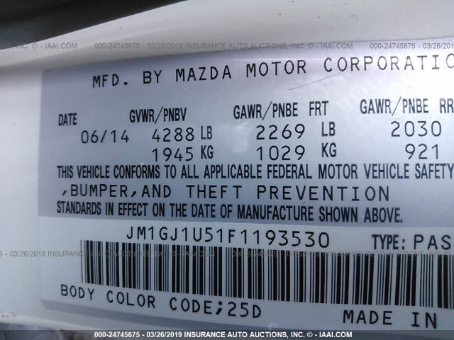 JM1GJ1U51F1193530 - 2015 MAZDA 6 SPORT WHITE photo 9