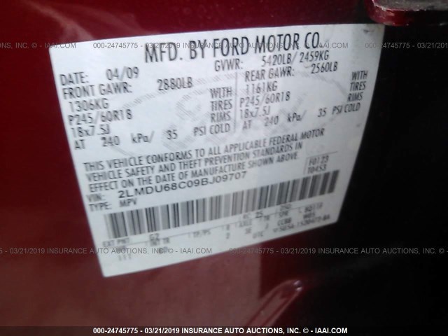 2LMDU68C09BJ09707 - 2009 LINCOLN MKX RED photo 9