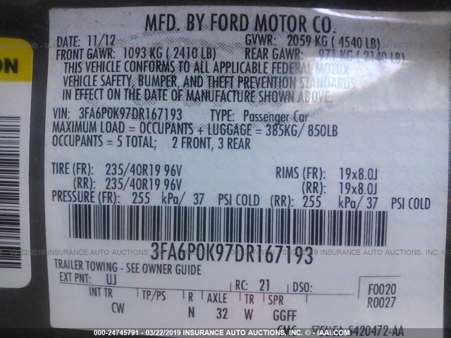 3FA6P0K97DR167193 - 2013 FORD FUSION TITANIUM GRAY photo 9