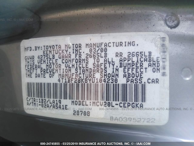 4T1BF28K8YU104230 - 2000 TOYOTA CAMRY LE/XLE 灰色 照片 9