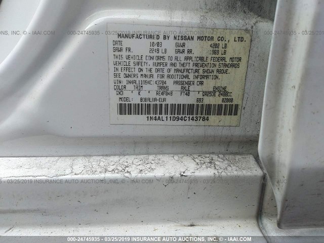 1N4AL11D94C143784 - 2004 NISSAN ALTIMA S/SL WHITE photo 9