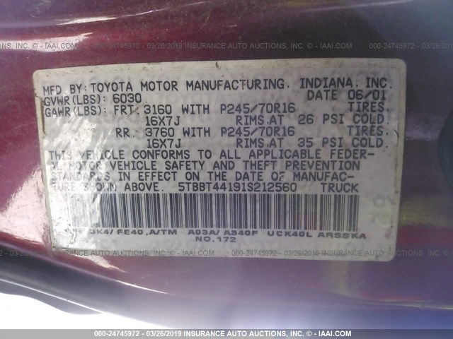 5TBBT44191S212560 - 2001 TOYOTA TUNDRA ACCESS CAB/ACCESS CAB SR5 RED photo 9