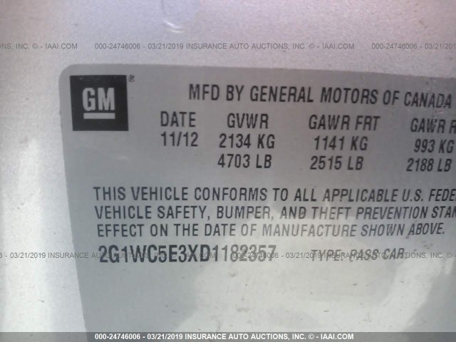 2G1WC5E3XD1182357 - 2013 CHEVROLET IMPALA LTZ SILVER photo 9