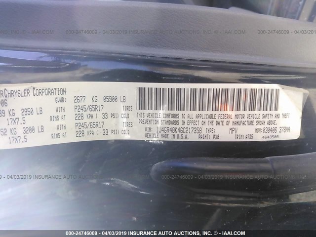 1J4GR48K46C217358 - 2006 JEEP GRAND CHEROKEE LAREDO/COLUMBIA/FREEDOM 黑色 照片 9