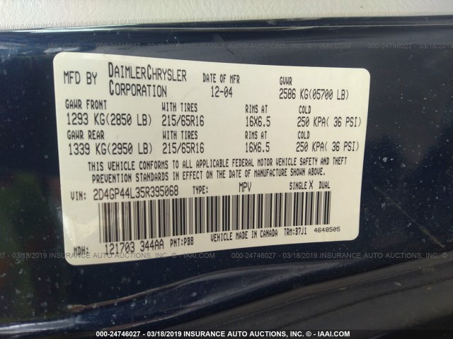 2D4GP44L35R395068 - 2005 DODGE GRAND CARAVAN SXT BLUE photo 9