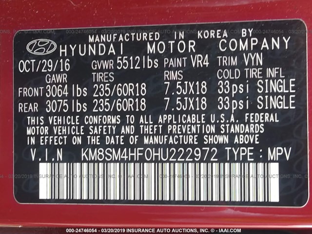 KM8SM4HF0HU222972 - 2017 HYUNDAI SANTA FE SE RED photo 9