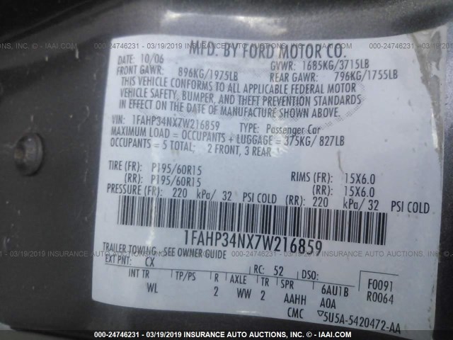 1FAHP34NX7W216859 - 2007 FORD FOCUS ZX4/S/SE/SES GRAY photo 9