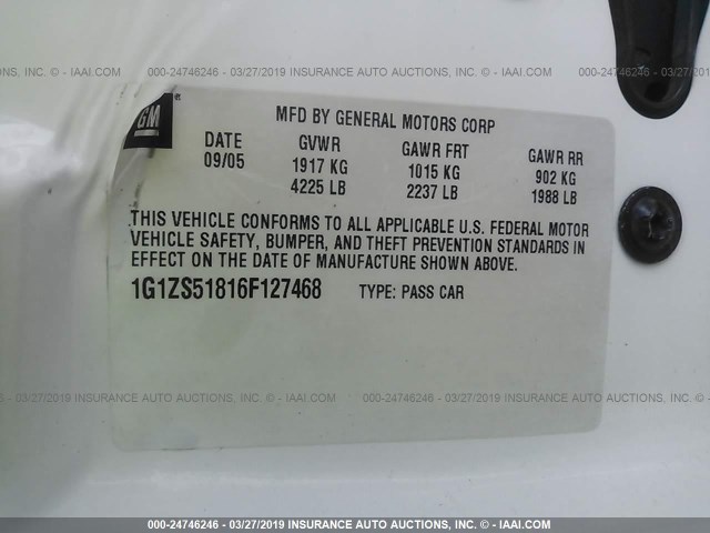 1G1ZS51816F127468 - 2006 CHEVROLET MALIBU LS თეთრი ფოტო 9