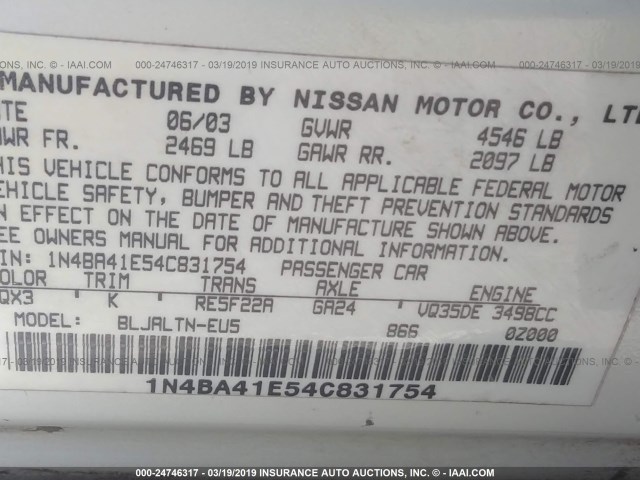 1N4BA41E54C831754 - 2004 NISSAN MAXIMA SE/SL WHITE photo 9