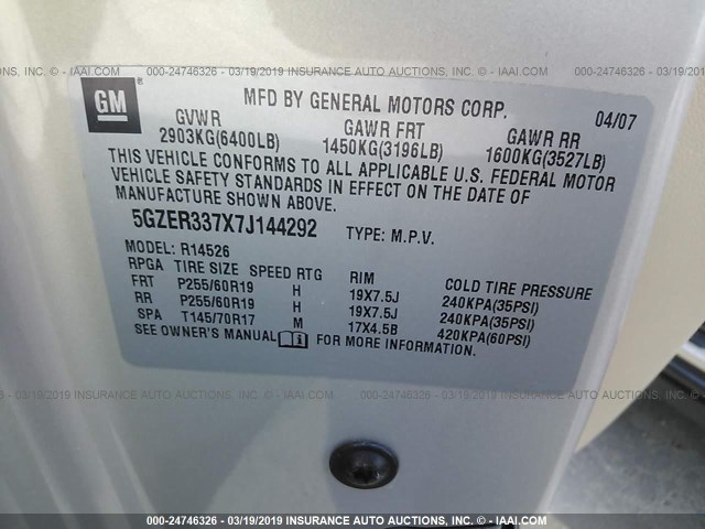 5GZER337X7J144292 - 2007 SATURN OUTLOOK SPECIAL 棕色 照片 9