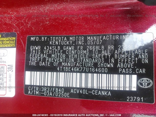 4T1BE46K77U164600 - 2007 TOYOTA CAMRY NEW GENERAT CE/LE/XLE/SE RED photo 9