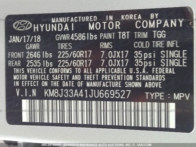 KM8J33A41JU669527 - 2018 HYUNDAI TUCSON LIMITED/SPORT AND ECO/SE SILVER photo 9