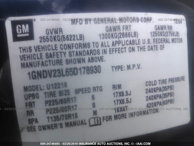 1GNDV23L65D178930 - 2005 CHEVROLET UPLANDER LS Dark Blue photo 9