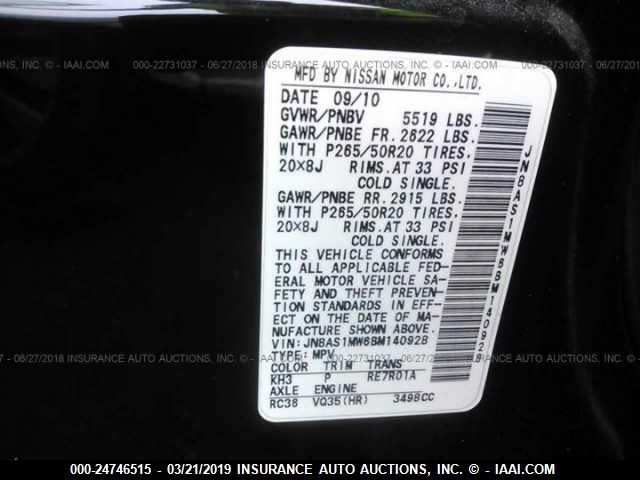 JN8AS1MW6BM140928 - 2011 INFINITI FX35 BLACK photo 9