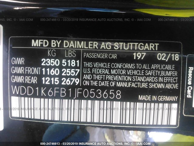 WDD1K6FB1JF053658 - 2018 MERCEDES-BENZ E 400 BLACK photo 9