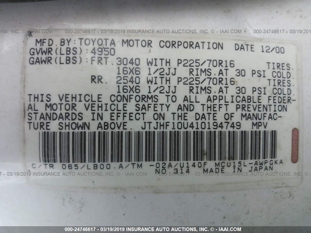 JTJHF10U410194749 - 2001 LEXUS RX 300 WHITE photo 9