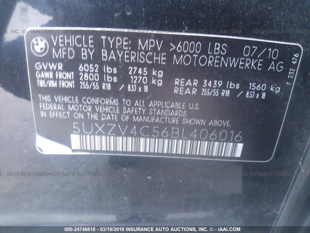 5UXZV4C56BL406016 - 2011 BMW X5 XDRIVE35I BLACK photo 9