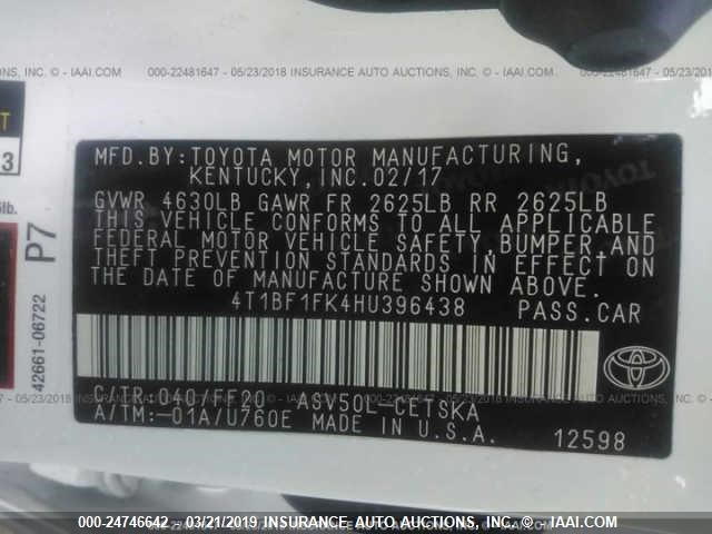 4T1BF1FK4HU396438 - 2017 TOYOTA CAMRY LE/XLE/SE/XSE WHITE photo 9