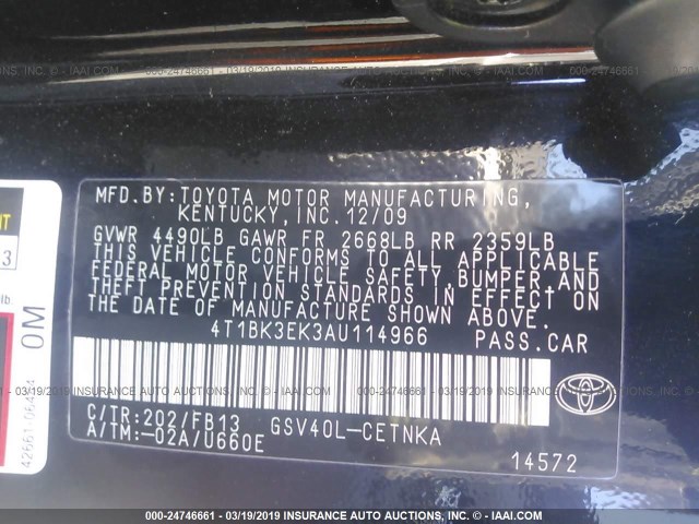 4T1BK3EK3AU114966 - 2010 TOYOTA CAMRY SE/LE/XLE 黑色 照片 9