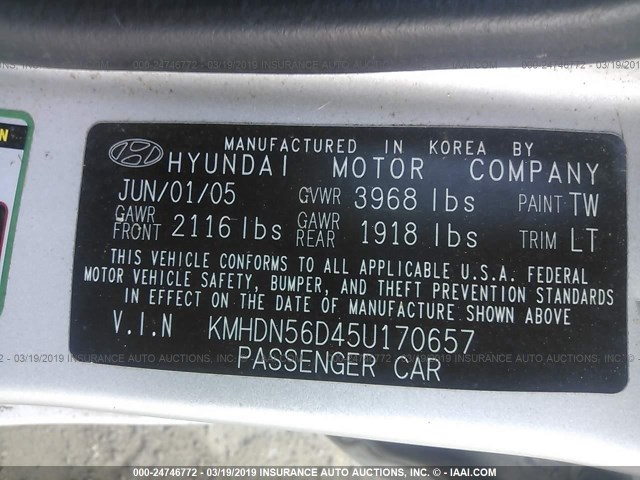 KMHDN56D45U170657 - 2005 HYUNDAI ELANTRA GLS/GT SILVER photo 9