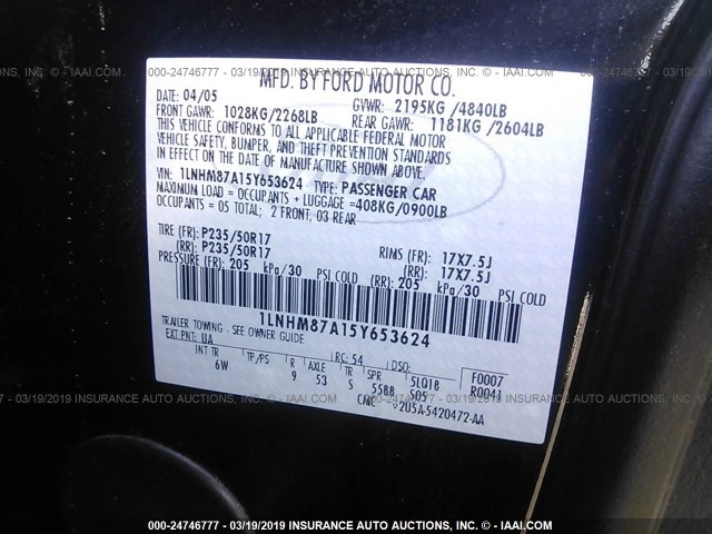 1LNHM87A15Y653624 - 2005 LINCOLN LS BLACK photo 9