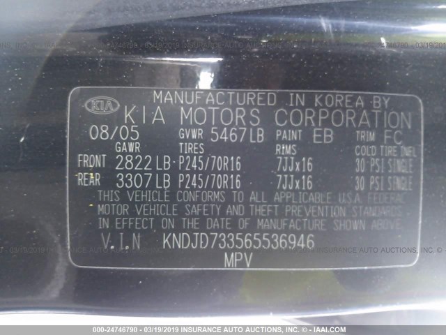 KNDJD733565536946 - 2006 KIA SORENTO EX/LX BLACK photo 9