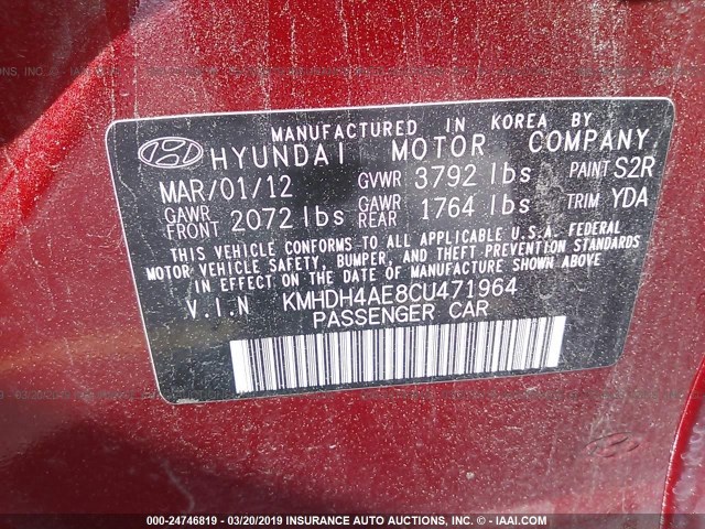 KMHDH4AE8CU471964 - 2012 HYUNDAI ELANTRA GLS/LIMITED RED photo 9