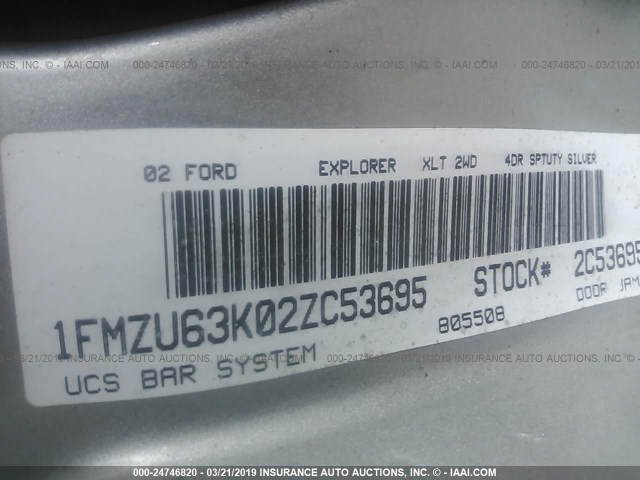 1FMZU63K02ZC53695 - 2002 FORD EXPLORER XLT GRAY photo 9