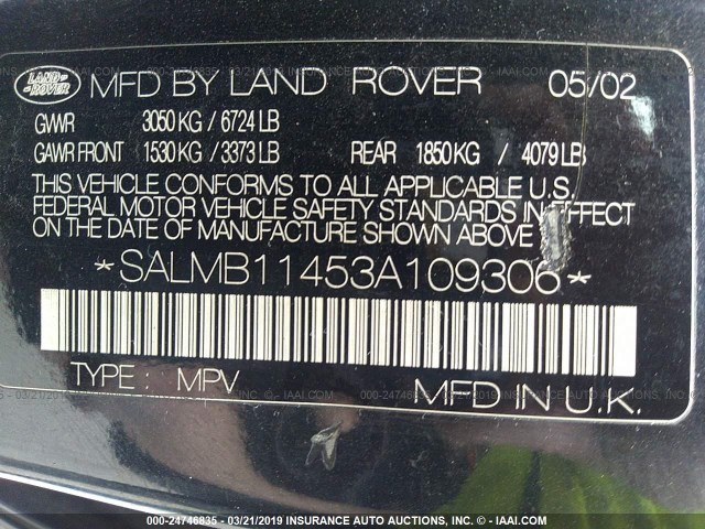 SALMB11453A109306 - 2003 LAND ROVER RANGE ROVER HSE BLACK photo 9