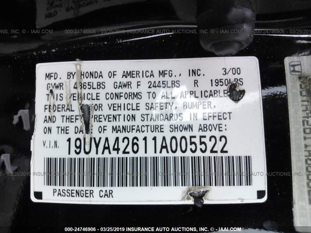 19UYA42611A005522 - 2001 ACURA 3.2CL TYPE-S BLACK photo 9