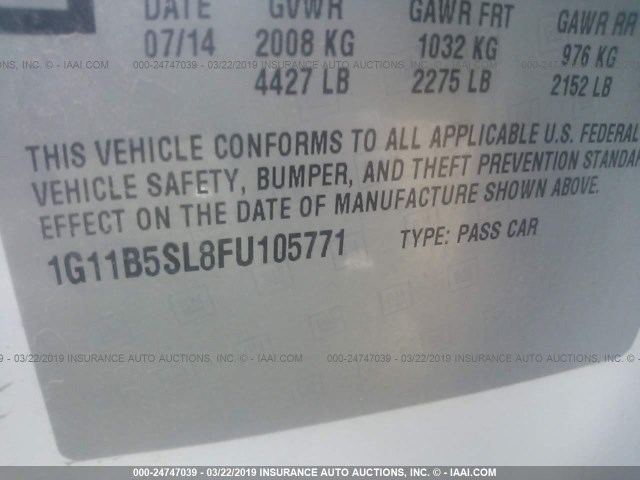 1G11B5SL8FU105771 - 2015 CHEVROLET MALIBU LS თეთრი ფოტო 9
