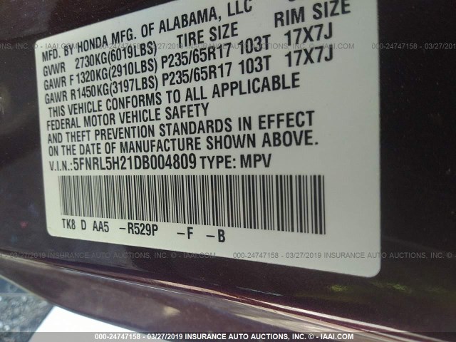 5FNRL5H21DB004809 - 2013 HONDA ODYSSEY LX BURGUNDY photo 9