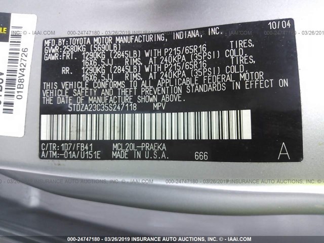 5TDZA23C35S247118 - 2005 TOYOTA SIENNA CE/LE SILVER photo 9