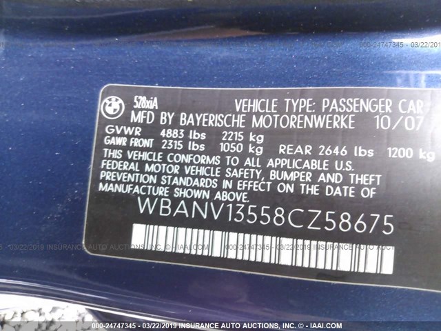 WBANV13558CZ58675 - 2008 BMW 528 BLUE photo 9