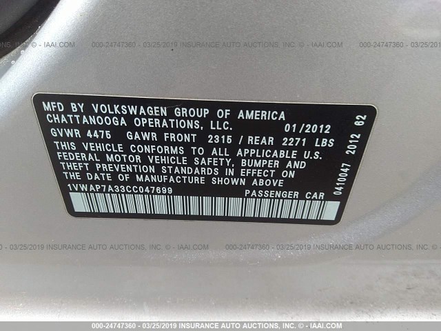 1VWAP7A33CC047699 - 2012 VOLKSWAGEN PASSAT S SILVER photo 9