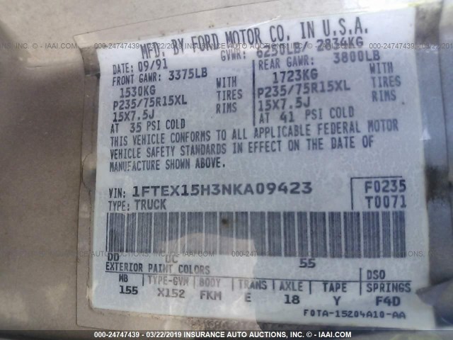 1FTEX15H3NKA09423 - 1992 FORD F150 Qızıl foto 9