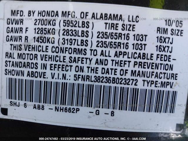 5FNRL38236B023272 - 2006 HONDA ODYSSEY LX GRAY photo 9