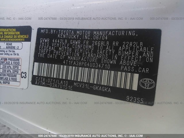 4T1FA38P64U034710 - 2004 TOYOTA CAMRY SOLARA SE/SLE WHITE photo 9