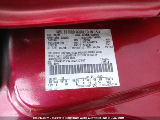 1FMRU17W12LA17107 - 2002 FORD EXPEDITION EDDIE BAUER RED photo 9