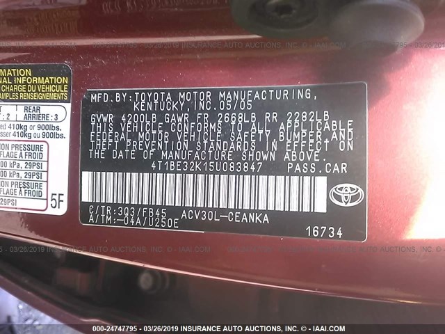 4T1BE32K15U083847 - 2005 TOYOTA CAMRY LE/XLE/SE RED photo 9